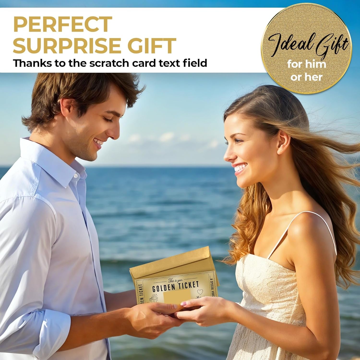 Gift For Her And Him - Golden Ticket Scratch-off Cards with Envelopes, Birthday Cards Gifts for Wife, Women, Men - Scratch Card to Personalize - Gift for Girlfriend, Date Night Present, Travel Gift