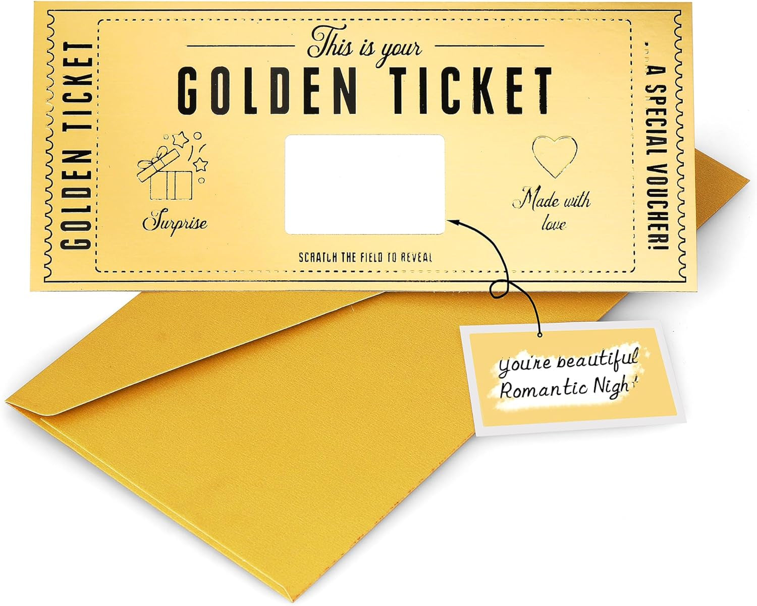 Gift For Her And Him - Golden Ticket Scratch-off Cards with Envelopes, Birthday Cards Gifts for Wife, Women, Men - Scratch Card to Personalize - Gift for Girlfriend, Date Night Present, Travel Gift