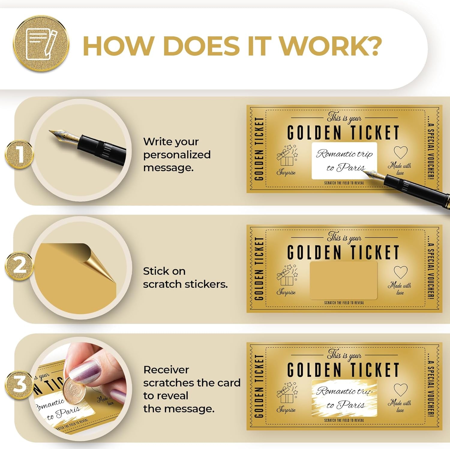 Gift For Her And Him - Golden Ticket Scratch-off Cards with Envelopes, Birthday Cards Gifts for Wife, Women, Men - Scratch Card to Personalize - Gift for Girlfriend, Date Night Present, Travel Gift