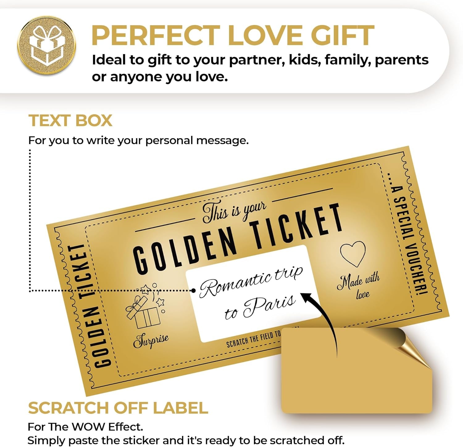 Gift For Her And Him - Golden Ticket Scratch-off Cards with Envelopes, Birthday Cards Gifts for Wife, Women, Men - Scratch Card to Personalize - Gift for Girlfriend, Date Night Present, Travel Gift