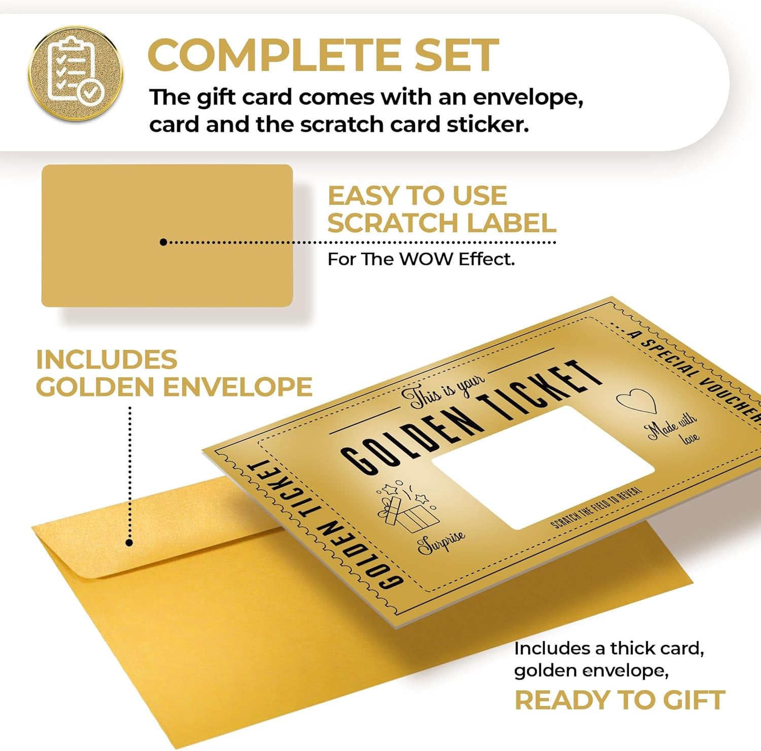 Gift For Her And Him - Golden Ticket Scratch-off Cards with Envelopes, Birthday Cards Gifts for Wife, Women, Men - Scratch Card to Personalize - Gift for Girlfriend, Date Night Present, Travel Gift