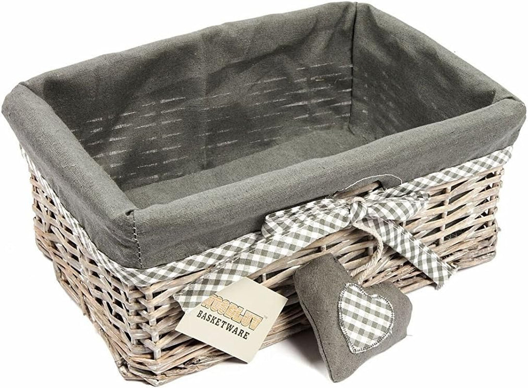 Woodluv Grey Wicker Rectangular Storage Gift Hamper Basket With Removable Lining - Large
