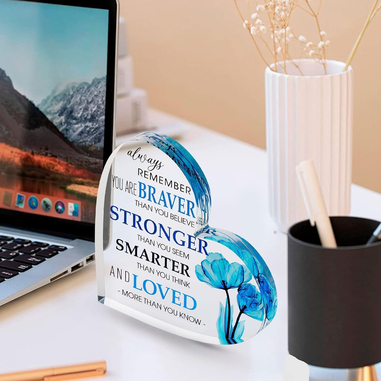 Motivational Gifts - Acrylic Hearts with Heartwarming Message - Inspirational Gifts for Women, Men Gifts - Home Office Desk Decor - Best Friends Gifts, Colleague Leaving Gifts, (Heart - Blue Flower)