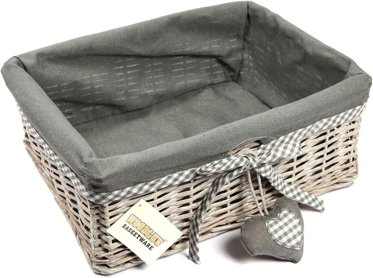 Woodluv Grey Wicker Rectangular Storage Gift Hamper Basket With Removable Lining - Large