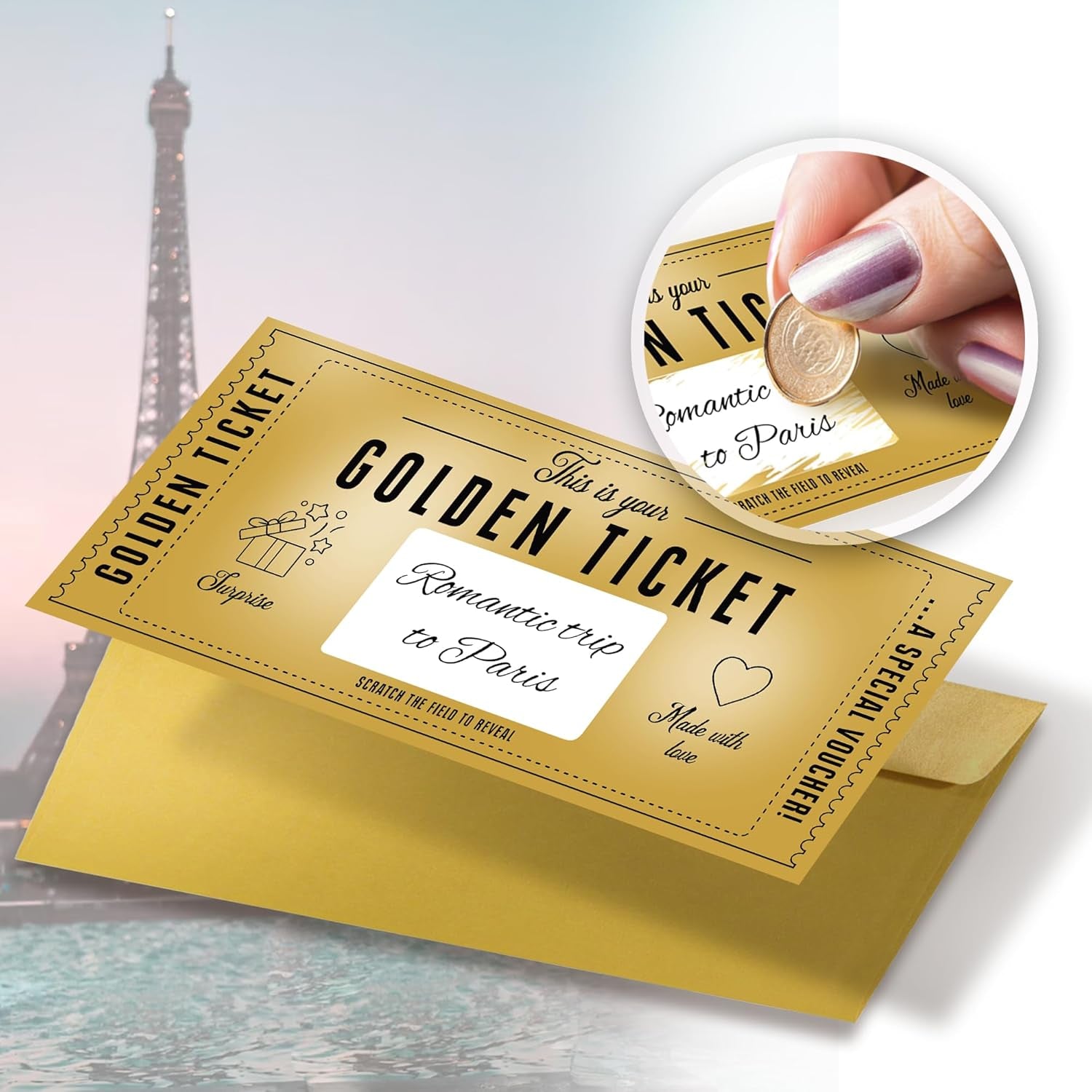Gift For Her And Him - Golden Ticket Scratch-off Cards with Envelopes, Birthday Cards Gifts for Wife, Women, Men - Scratch Card to Personalize - Gift for Girlfriend, Date Night Present, Travel Gift