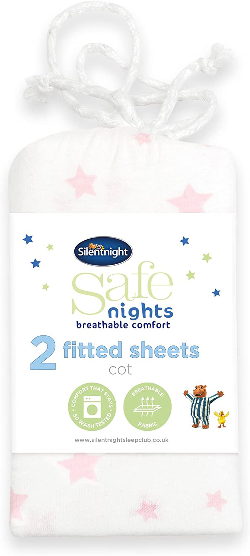 Silentnight Safe Nights Cot Bed Size Fitted Sheets Set 100% Jersey Cotton Bedside Compatible Pack of Two Grey Star easy Care Super Soft Cuddly for Baby with Storage Bag (120cm x60cm x 12cm)