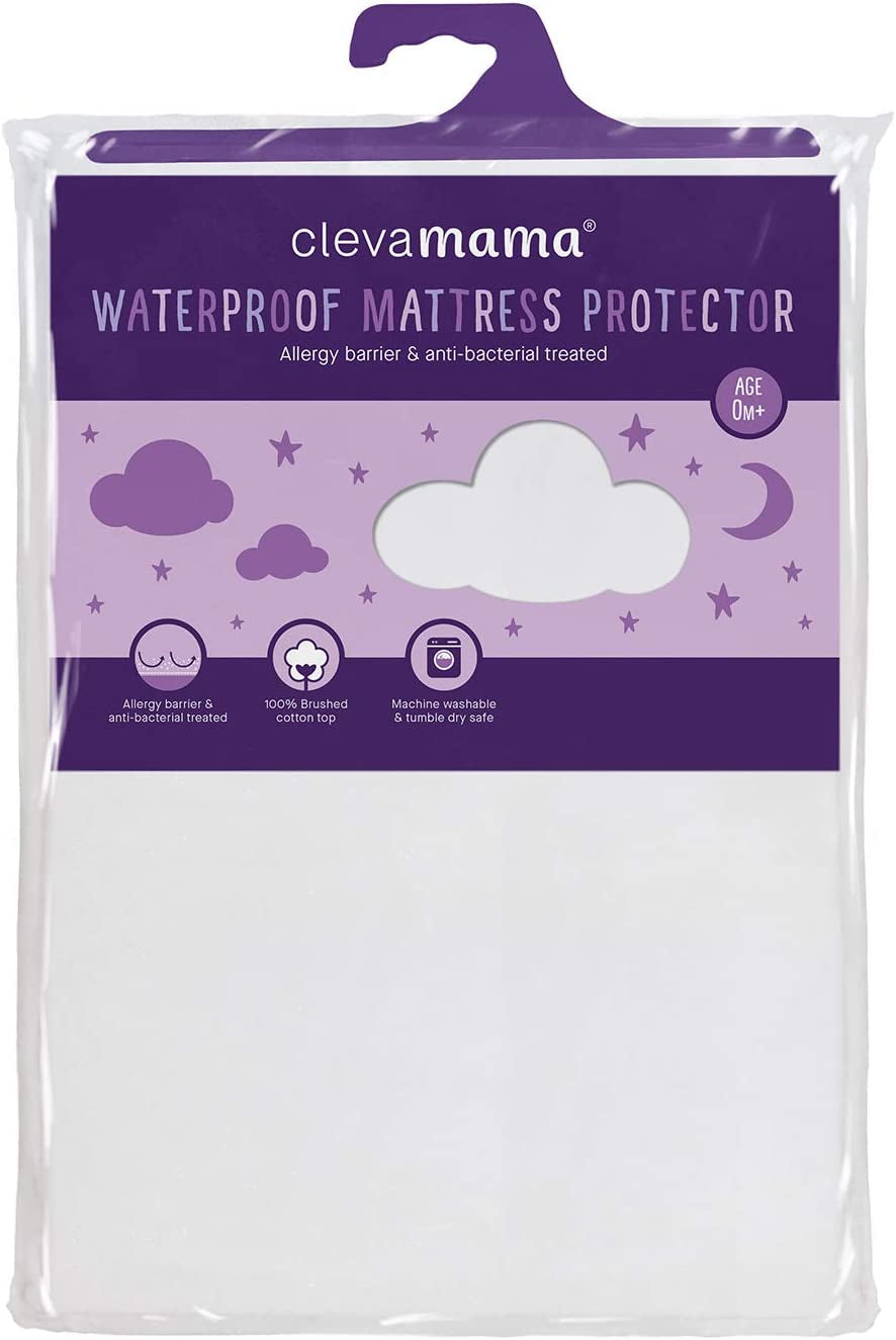 ClevaMama Waterproof Mattress Protector, Cotton Fitted Sheet for Baby Cot Bed - White - 60x120x15 cm