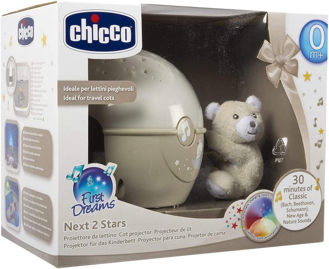 Chicco Next2Stars Baby Night Light with Plush Toy - Star Light Projector for Cots and Cribs, with Sound Sensor, 3 Light Effects and Music - 0+ Months, Beige