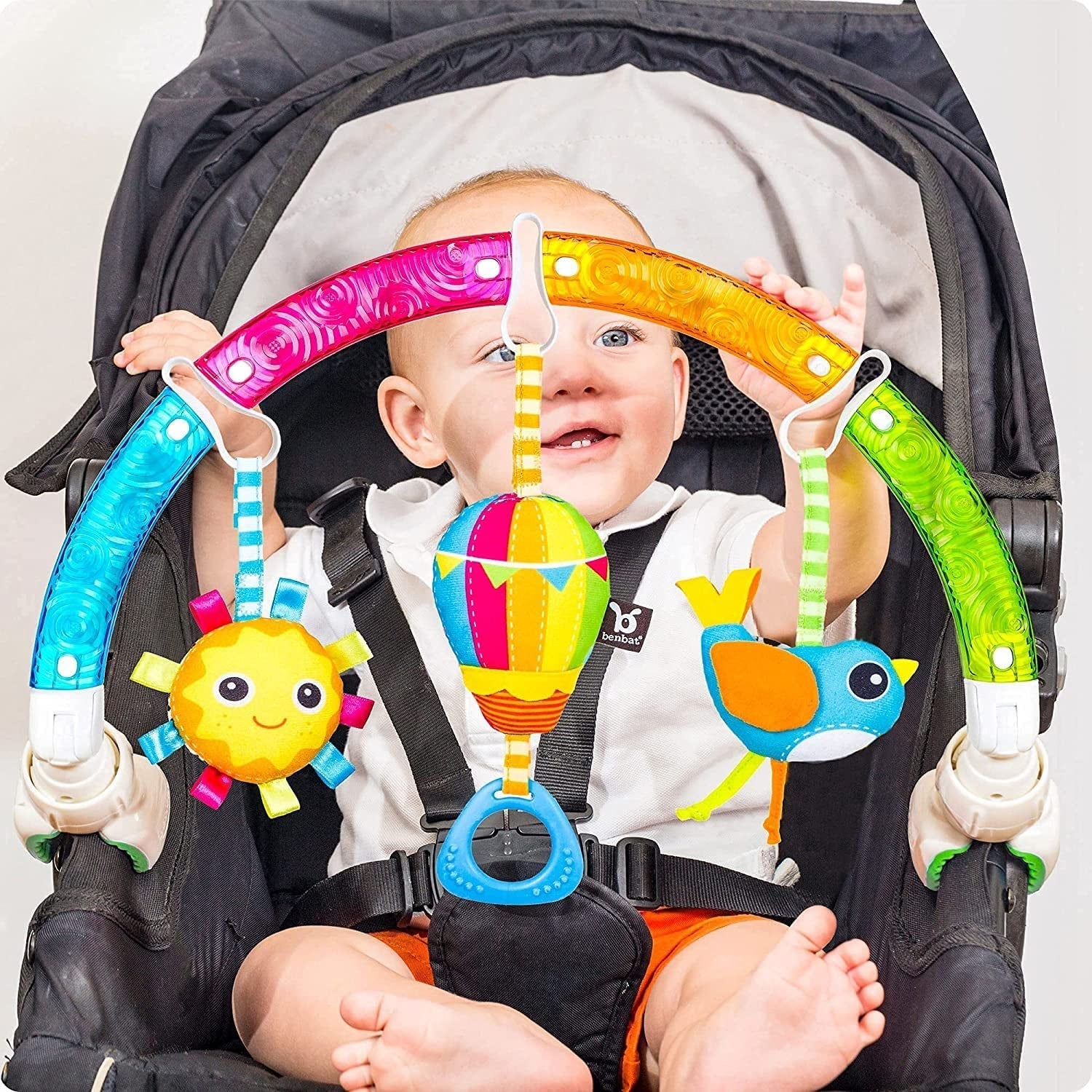 Baby Stroller Arch Toy. Benbat Rainbow Dazzle Friends Play Bar. Fun Newborns Sensory Activity, Adjustable for Bouncers and Car Seat.