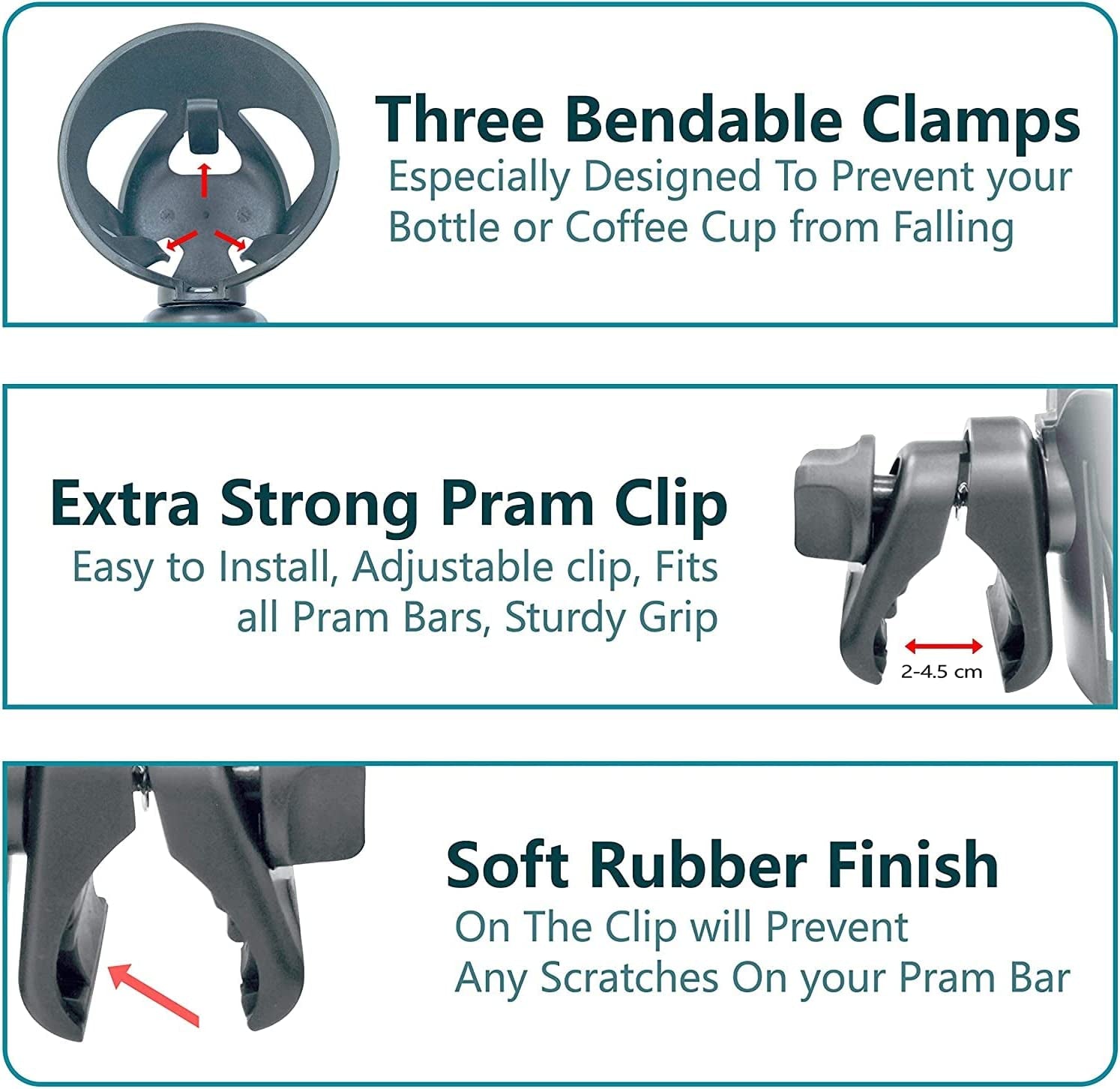 Pram Cup Holder, Pushchair/Stroller Cup Holder, Universal Baby Bottle Pram Organiser, Drink and Coffee Cup Holder, with 2 Pram Hooks, Can Be Used for Baby Buggy, Bike and Wheelchair