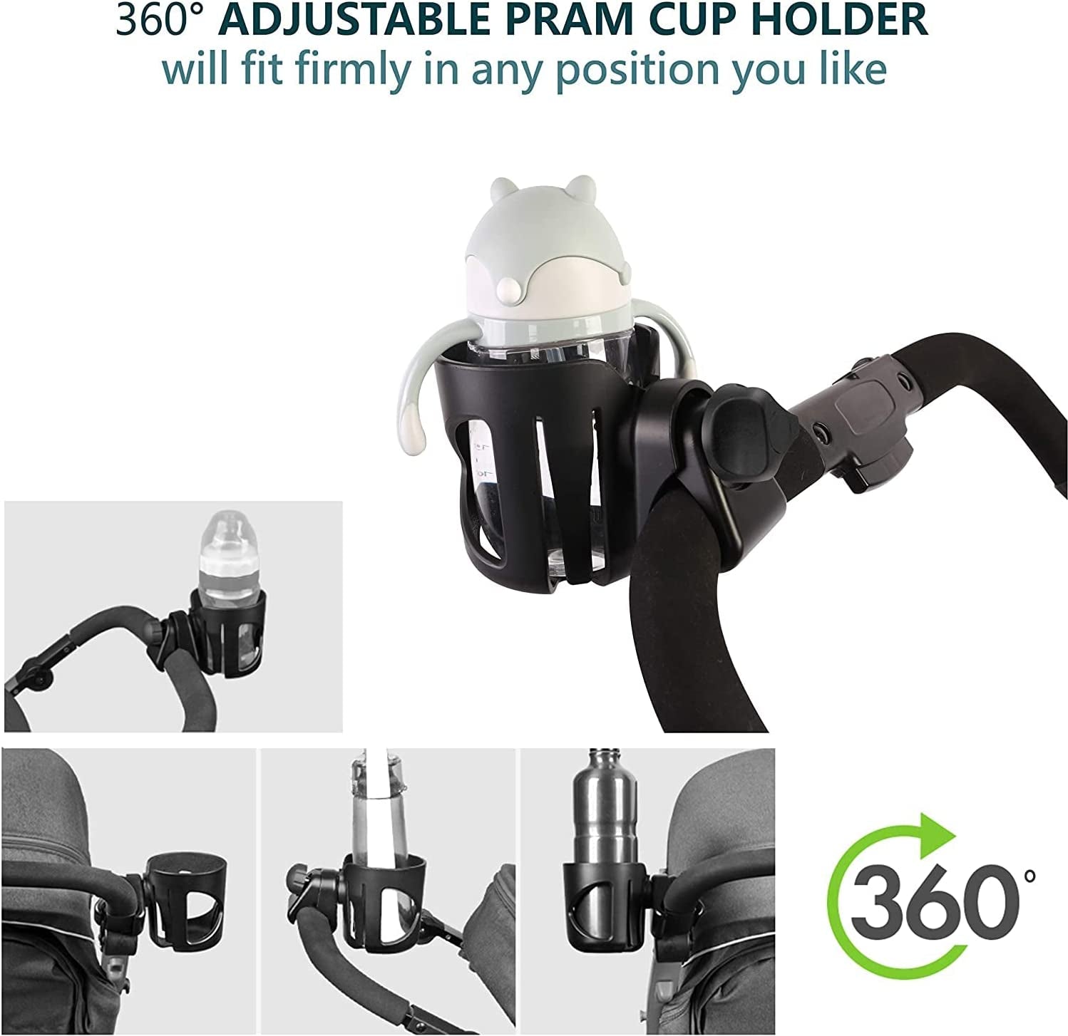 Pram Cup Holder, Pushchair/Stroller Cup Holder, Universal Baby Bottle Pram Organiser, Drink and Coffee Cup Holder, with 2 Pram Hooks, Can Be Used for Baby Buggy, Bike and Wheelchair