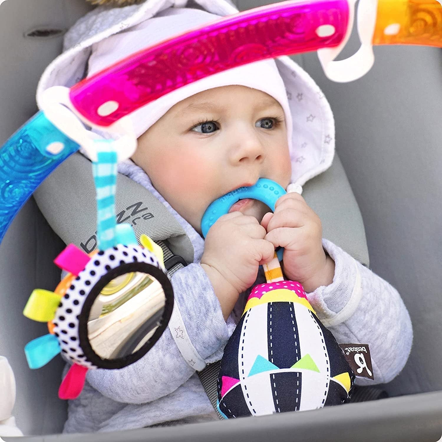 Baby Stroller Arch Toy. Benbat Rainbow Dazzle Friends Play Bar. Fun Newborns Sensory Activity, Adjustable for Bouncers and Car Seat.