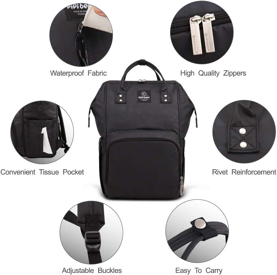 Pipi Bear Changing Backpack Bag Waterproof Baby Changing Bag Cool Nappy Backpack Organizer Large Capacity Diaper Tote Bag (Black)