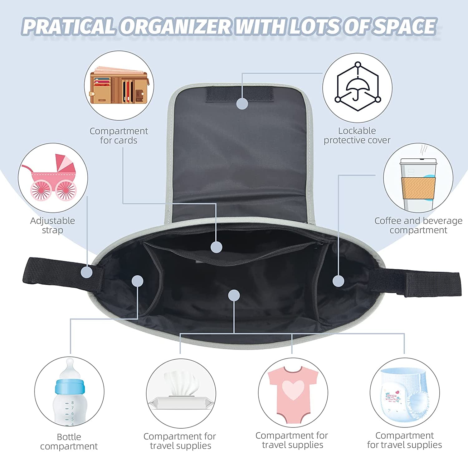 Miracle Baby® Stroller Storage Bag - Baby Carriage Organizer Diaper Bag - Large Capacity with 2 Cup Holders