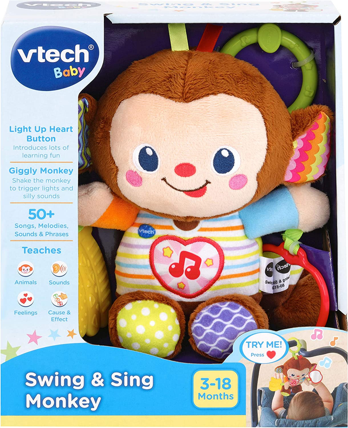 VTech Swing & Sing Monkey, Cute Pram Toy with Lights, Music and Colours, Cuddly Toy with Self-Discovery Mirror and Teether, Soft Cuddly Toy with Tactile Stimulation, Baby Girls and Boys 3 Months +
