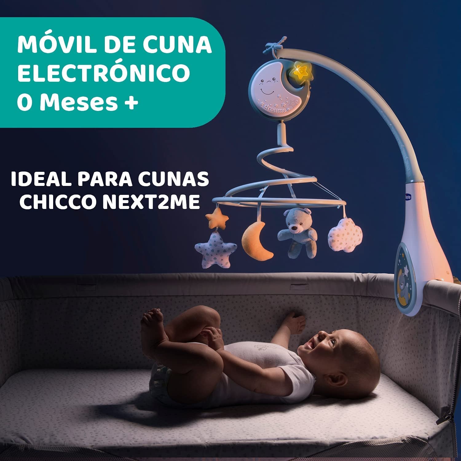 Chicco Next2Dreams Baby Mobile with Music Box for Cot and Bed - 3 in 1 Baby Mobile Compatible with Next2Me Cot, with Sound Effects, Soft Night Light Projector and Classical Music - 0+ Months, Blue