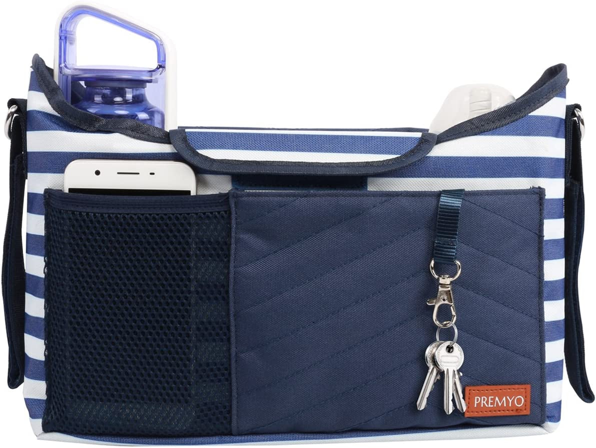 PREMYO Buggy Organiser Pram Bag Stroller - Cup Holder Universal Fit Spacious - with Changing Mat Shoulder Strap Black