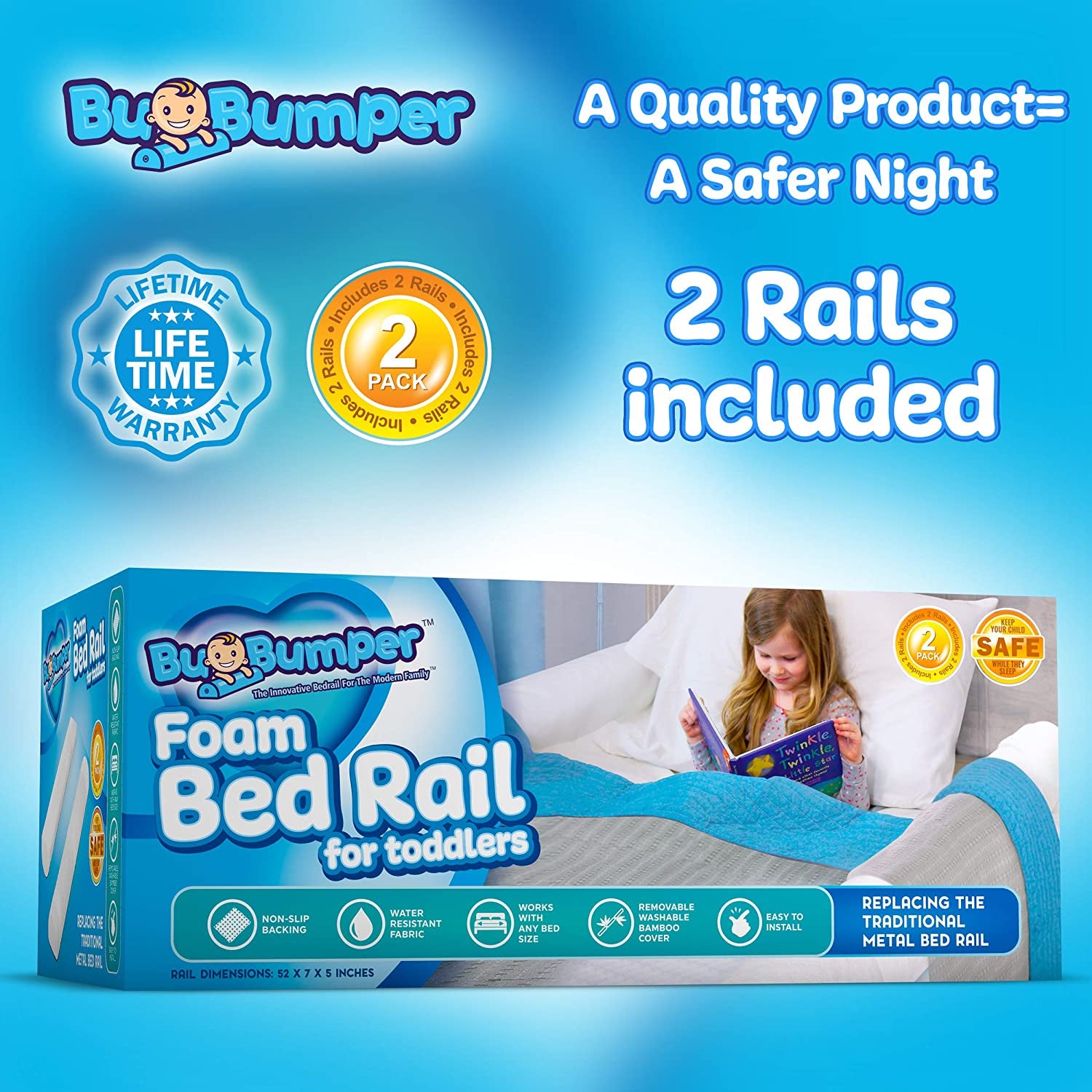 Foam Bed Rails for Toddler [2-Pack]. Soft Bed Bumper for Kids | Baby Bed Guard | Child Bed Safety Side Rails with Water Resistant Washable Cover (Short - for Toddler Beds and Cribs)