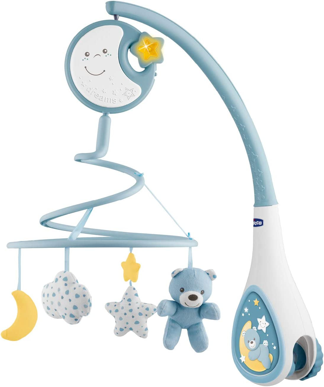 Chicco Next2Dreams Baby Mobile with Music Box for Cot and Bed - 3 in 1 Baby Mobile Compatible with Next2Me Cot, with Sound Effects, Soft Night Light Projector and Classical Music - 0+ Months, Blue