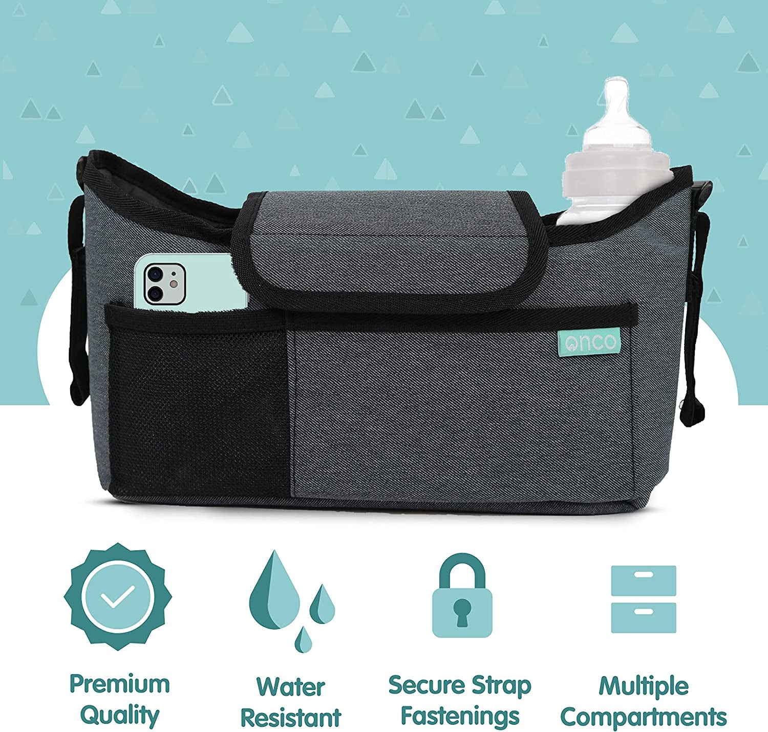 Onco Premium Pram Bag - Large Capacity Buggy Organiser with Pram Cup Holder - Ultra Secure Universal Fit Pram Accessories (Charcoal Grey)