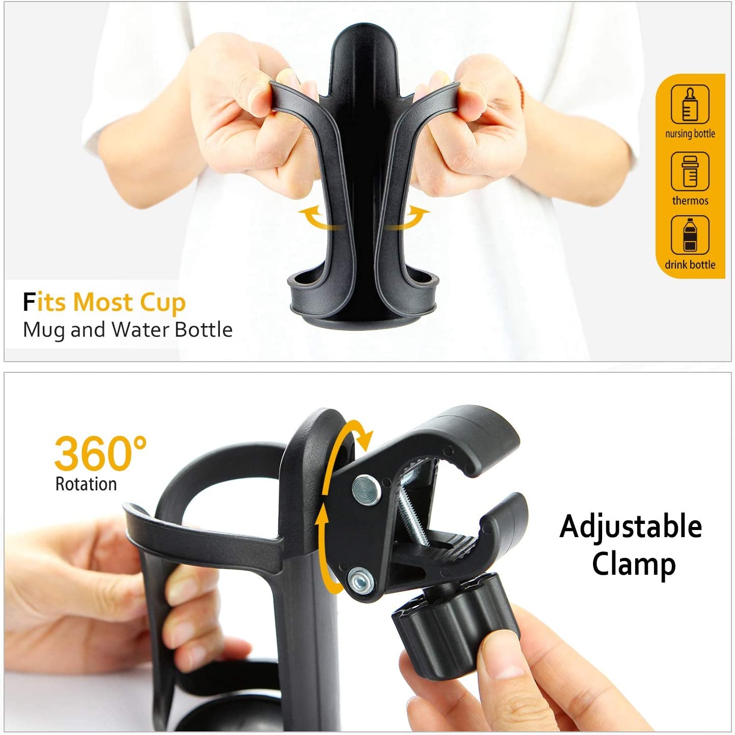 Pack of 2 Pram Cup Holder,Universal Stroller/Pushchair Cup Holders,Adjustable Bottle Organizer for Bikes, Trolleys,Walkers and Wheelchairs
