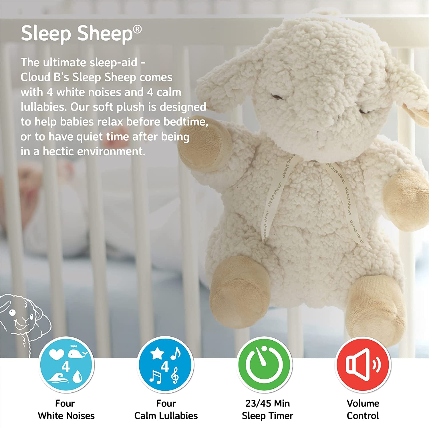 Cloud b Soothing Sound Machine | Cuddly Stuffed Animal | 4 White Noise and 4 Lullabies | Auto-Shutoff | Sleep Sheep