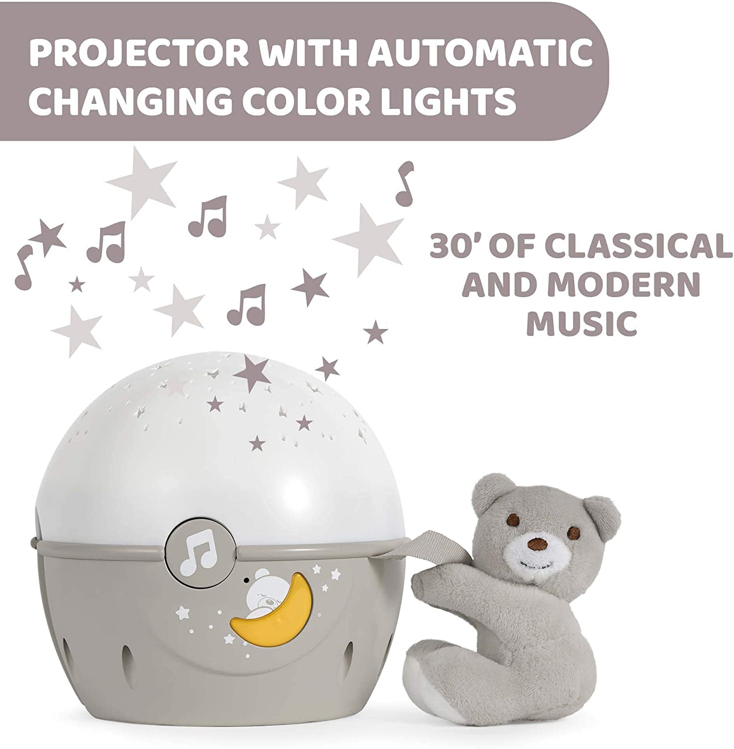 Chicco Next2Stars Baby Night Light with Plush Toy - Star Light Projector for Cots and Cribs, with Sound Sensor, 3 Light Effects and Music - 0+ Months, Beige