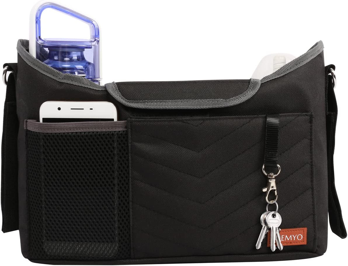 PREMYO Buggy Organiser Pram Bag Stroller - Cup Holder Universal Fit Spacious - with Changing Mat Shoulder Strap Black