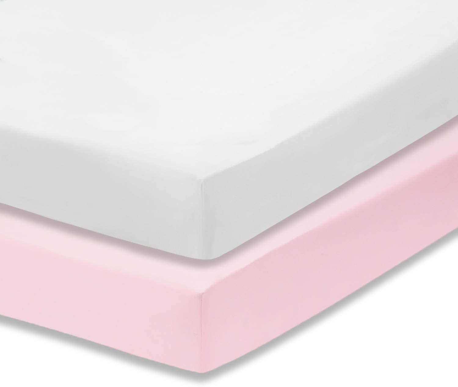 Dudu N Girlie - Cot Bed Sheets 140 x 70 Fitted - Jersey Cotton Hypoallergenic Cot Bed Bedding Fully Elasticated Skirt Breathable Easy Care - (Pack of 2, White & Pink)