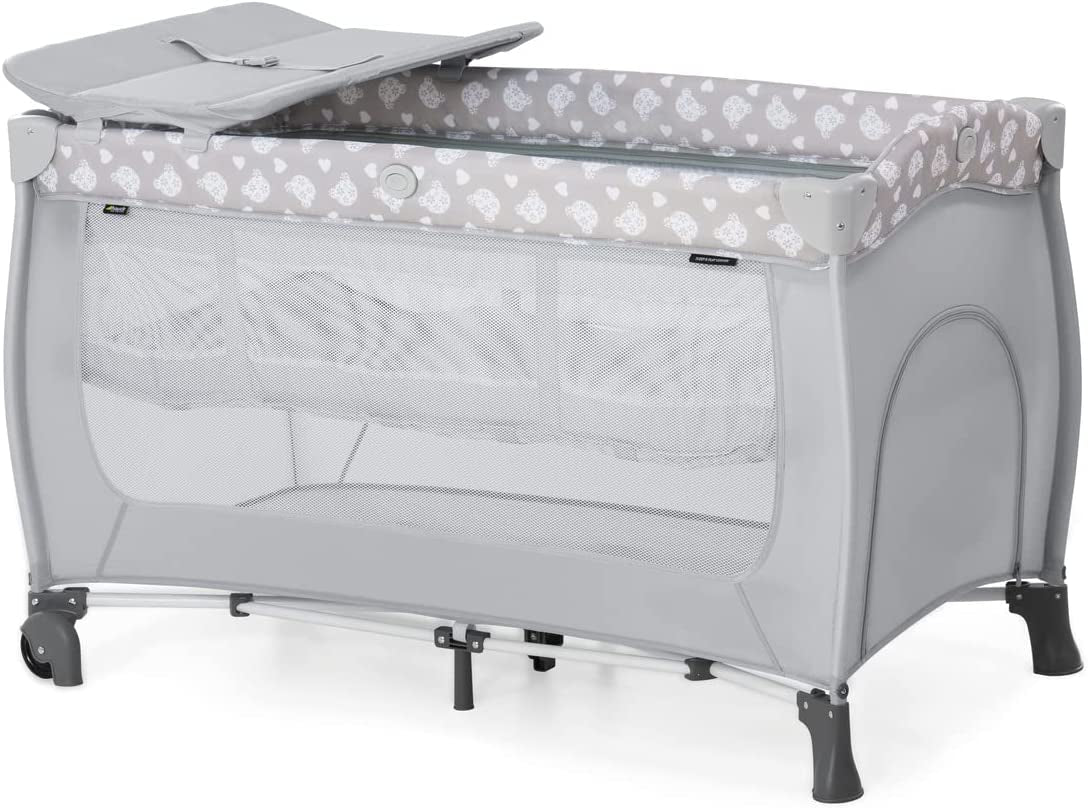 Hauck Travel Cot Set Sleep N Play Center / for Babys and Toddlers from Birth up to 15 kg / 120 x 60 cm / Changing Table / 2nd Level / Wheels / Side Hatch / Foldable / Transport Bag / Nordic Grey