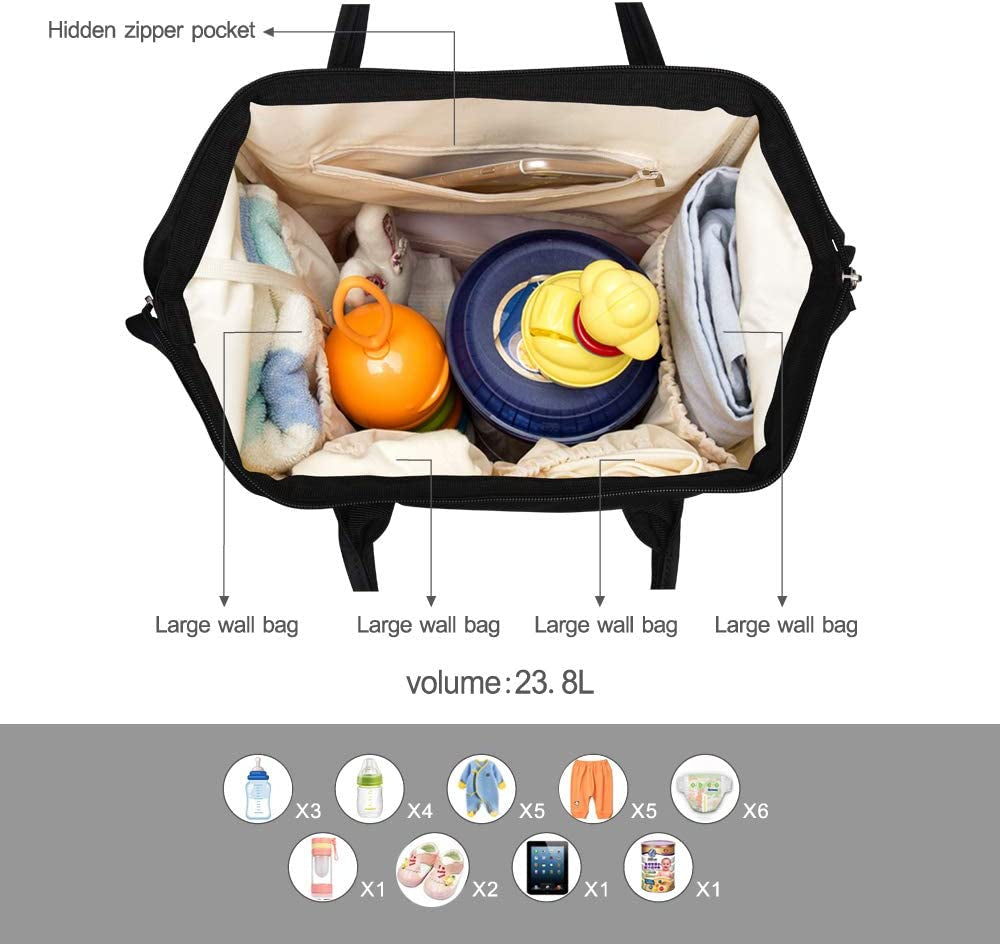 Pipi Bear Changing Backpack Bag Waterproof Baby Changing Bag Cool Nappy Backpack Organizer Large Capacity Diaper Tote Bag (Black)
