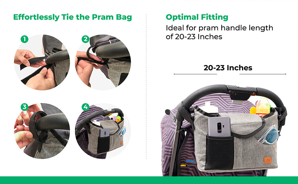 Pram Organiser Grey Large Capacity Durable 600D Fabric Buggy Organ ZUGATI