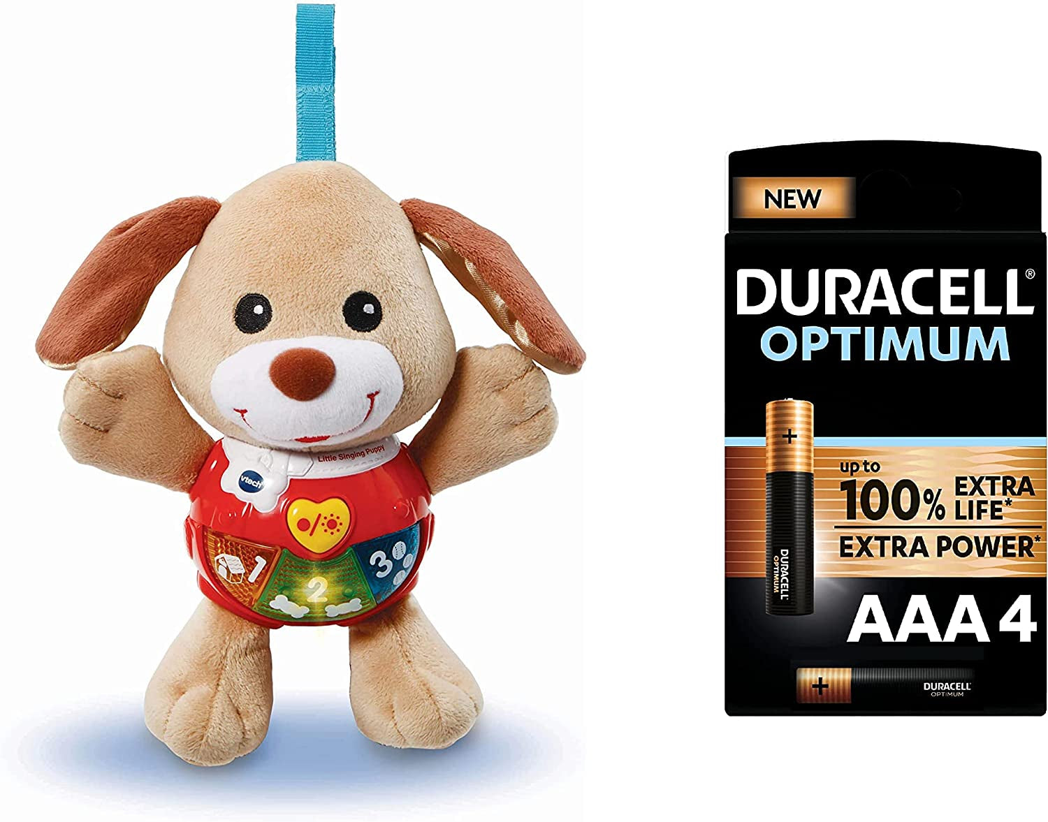 VTech 502303 Little Singing Puppy Educational Baby, Clip On Cot, Pushchair and Pram, Soothing Soft Interactive Toy, Duracell Optimum AAA Alkaline Batteries [Pack of 4], 1.5 V LR03 MN2400