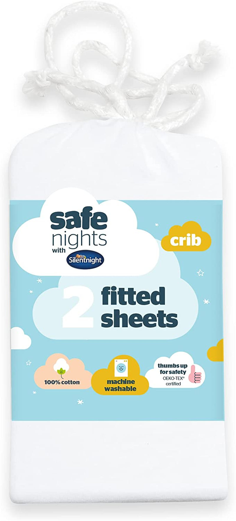 Silentnight Safe Nights Cot Bed Size Fitted Sheets Set 100% Jersey Cotton Bedside Compatible Pack of Two Grey Star easy Care Super Soft Cuddly for Baby with Storage Bag (120cm x60cm x 12cm)