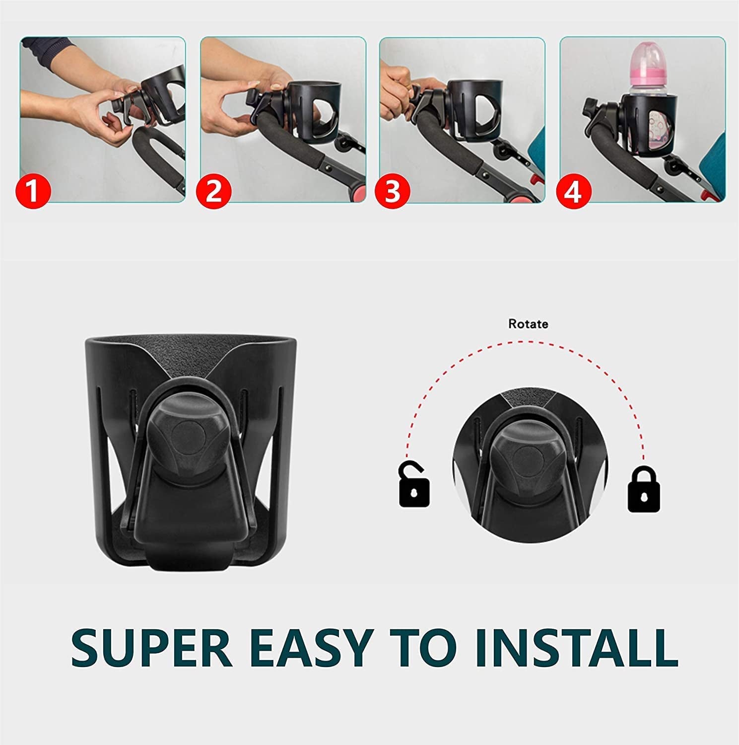 Pram Cup Holder, Pushchair/Stroller Cup Holder, Universal Baby Bottle Pram Organiser, Drink and Coffee Cup Holder, with 2 Pram Hooks, Can Be Used for Baby Buggy, Bike and Wheelchair