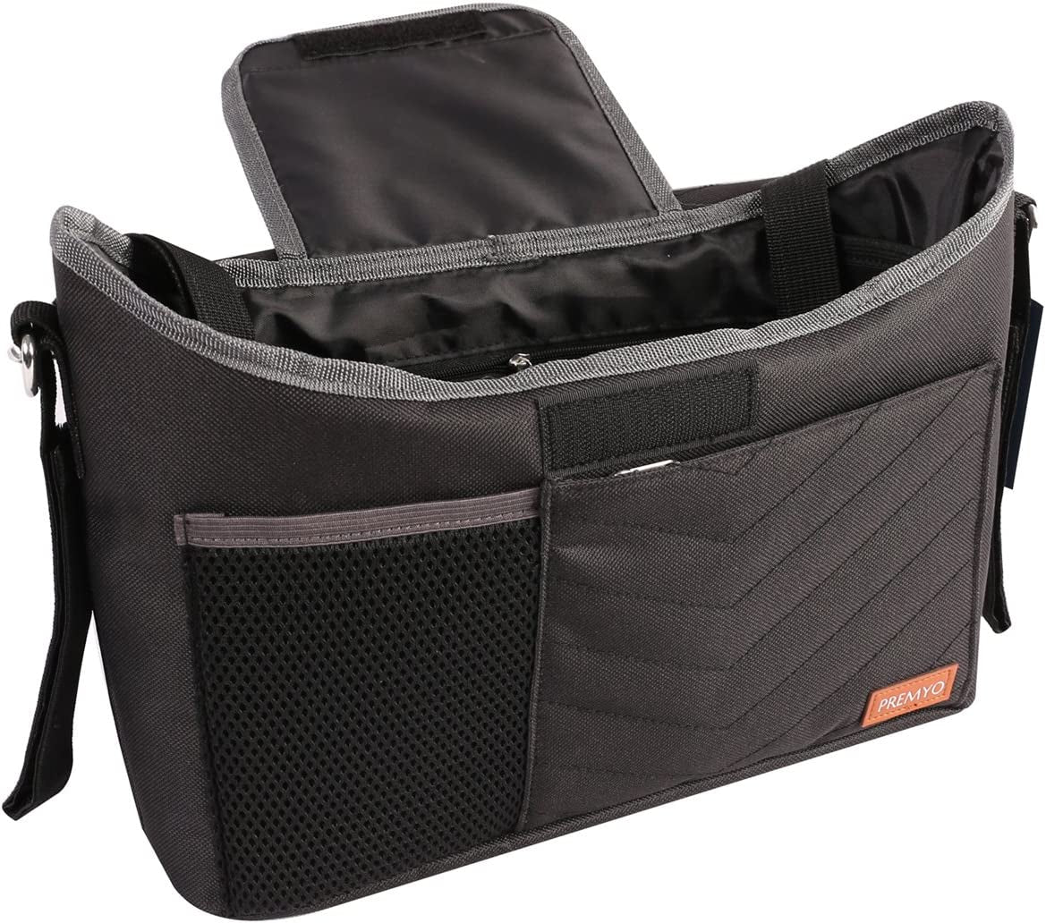 PREMYO Buggy Organiser Pram Bag Stroller - Cup Holder Universal Fit Spacious - with Changing Mat Shoulder Strap Black