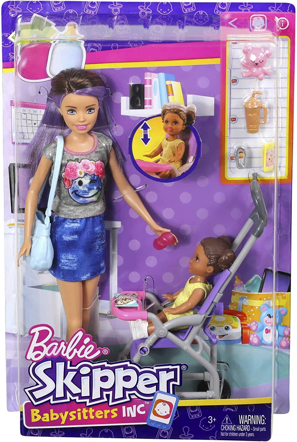 Barbie Babysitting Playset with Skipper Doll, Baby Doll, Bouncy Stroller and Themed Accessories for 3 to 7 Year Olds, FJB00 - Amazon Exclusive