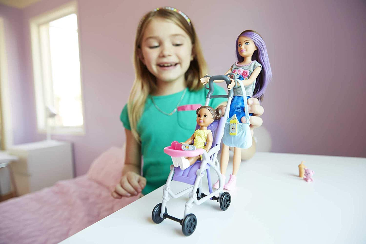 Barbie Babysitting Playset with Skipper Doll, Baby Doll, Bouncy Stroller and Themed Accessories for 3 to 7 Year Olds, FJB00 - Amazon Exclusive