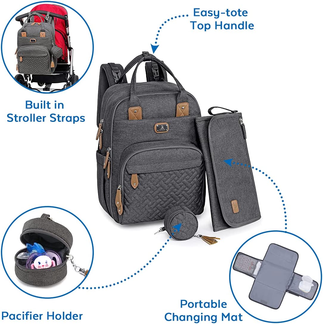 Changing Bag Backpack, Dikaslon Large Nappy Back Pack Multifunction Baby Bags with Portable Changing Mat, Pacifier Holder, and Stroller Straps, for Mom and Dad (Dark Grey)