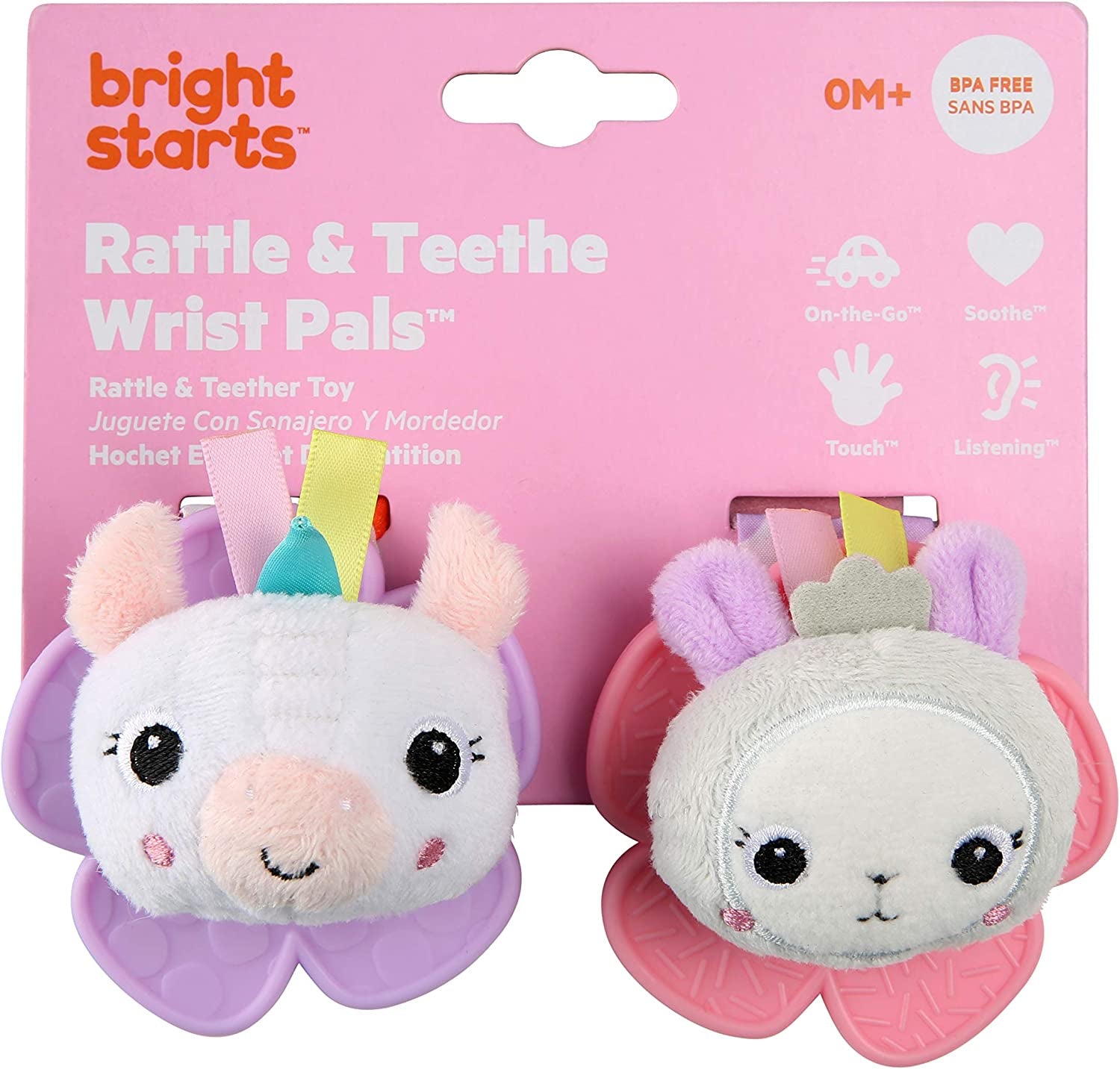 Bright Starts Rattle & Teethe Wrist Pals Toy - Set of Two, Unicorn & Llama