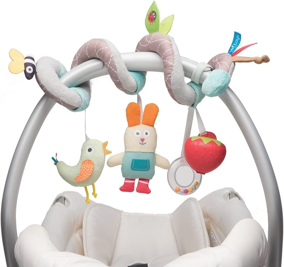 Taf Toys 12105, multicolour Garden Spiral Baby Pram, Buggy, Pushchair or Car Seat. 3 Hanging Early Development Sensory Rattling Toys + Dummy case. Velcro Straps. Suitable for Boys & Girls from Birth