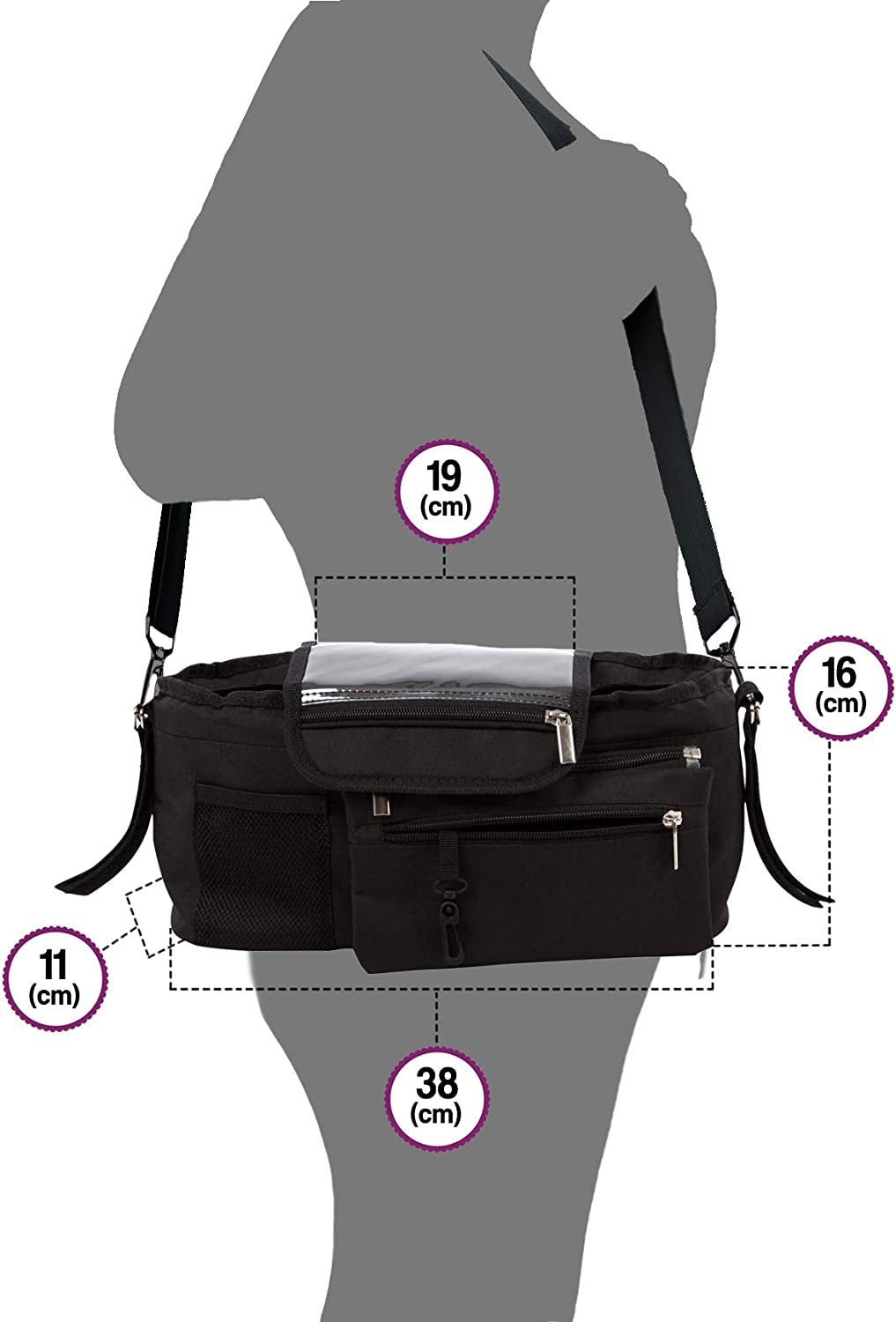 BTR Buggy Organiser Pram Organiser Bag with Detachable Purse & Mobile Phone Holder. Plus Additional Pram Clips. Recyclable Packaging, Black