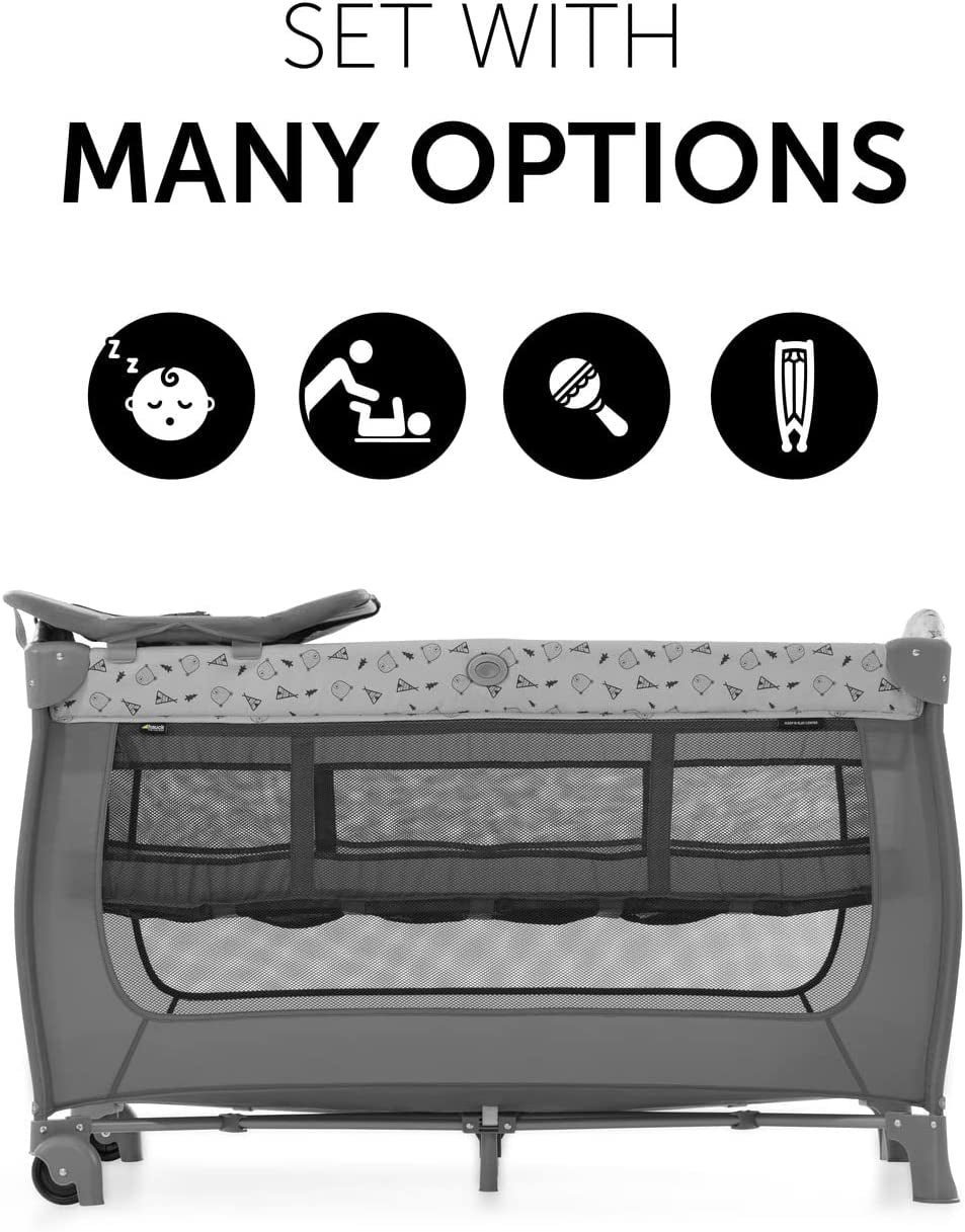 Hauck Travel Cot Set Sleep N Play Center / for Babys and Toddlers from Birth up to 15 kg / 120 x 60 cm / Changing Table / 2nd Level / Wheels / Side Hatch / Foldable / Transport Bag / Nordic Grey