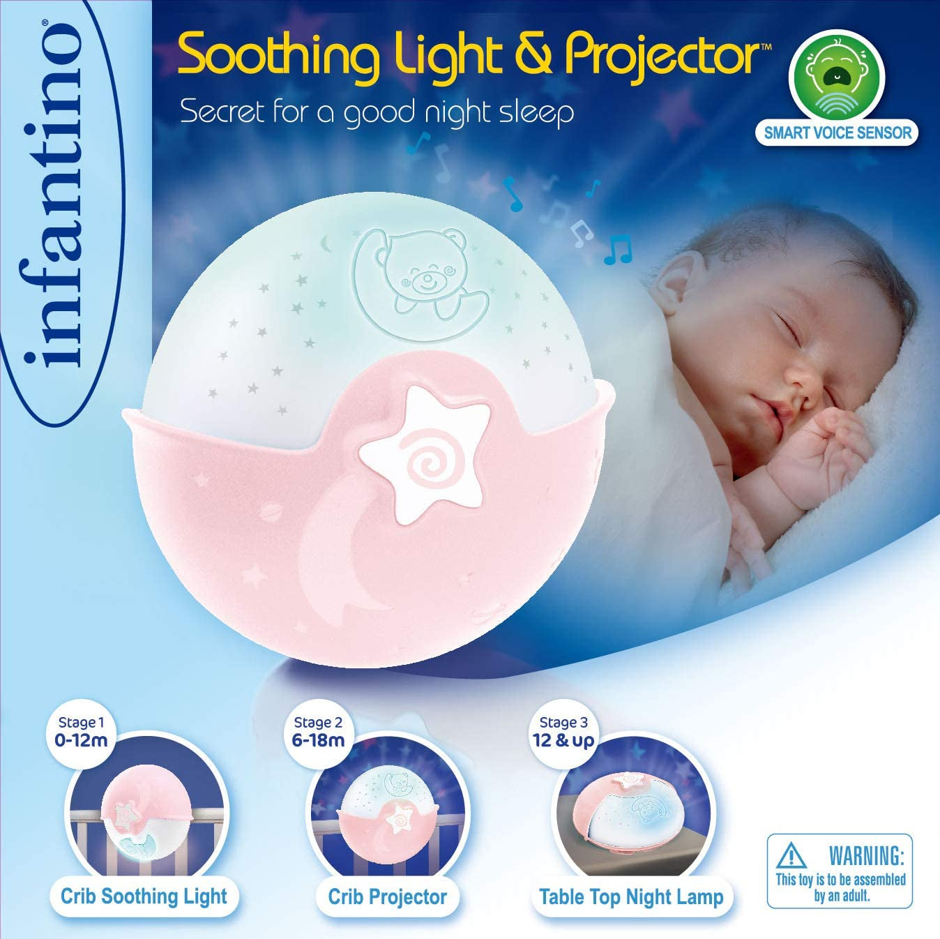 Infantino Soothing Light and Projector - Clip-on crib night light with grow-with-me design, starry night projector and tabletop light with built-in melodies and sound sensors, in pink