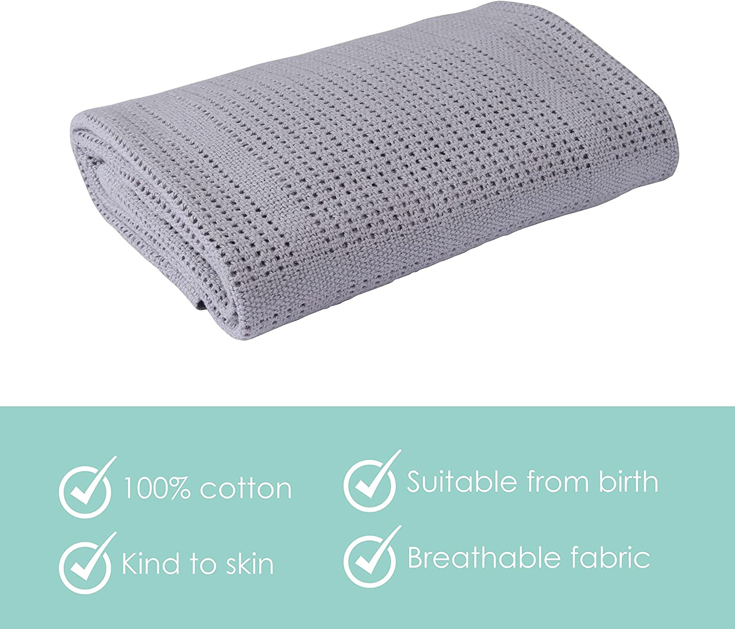 Clair de Lune Cellular Baby Blanket 100% Soft Breathable Cotton, Cot/Cot Bed (100 x 150 cm) Grey