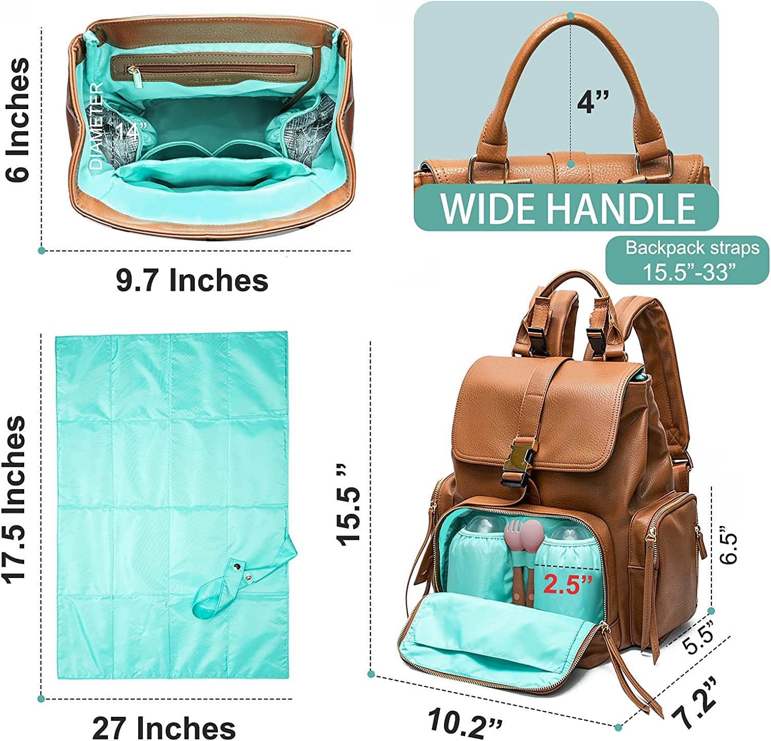 Baby Changing Bag Baby Bag Backpack with Portable Changing Mat & Tableware Holder by Miss Fong Leather Nappy Changing Bag Diaper Bag Travel Rucksack for Mums and Dads