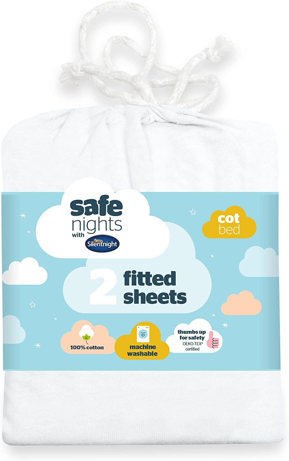 Silentnight Safe Nights Cot Bed Size Fitted Sheets Set 100% Jersey Cotton Bedside Compatible Pack of Two Grey Star easy Care Super Soft Cuddly for Baby with Storage Bag (120cm x60cm x 12cm)