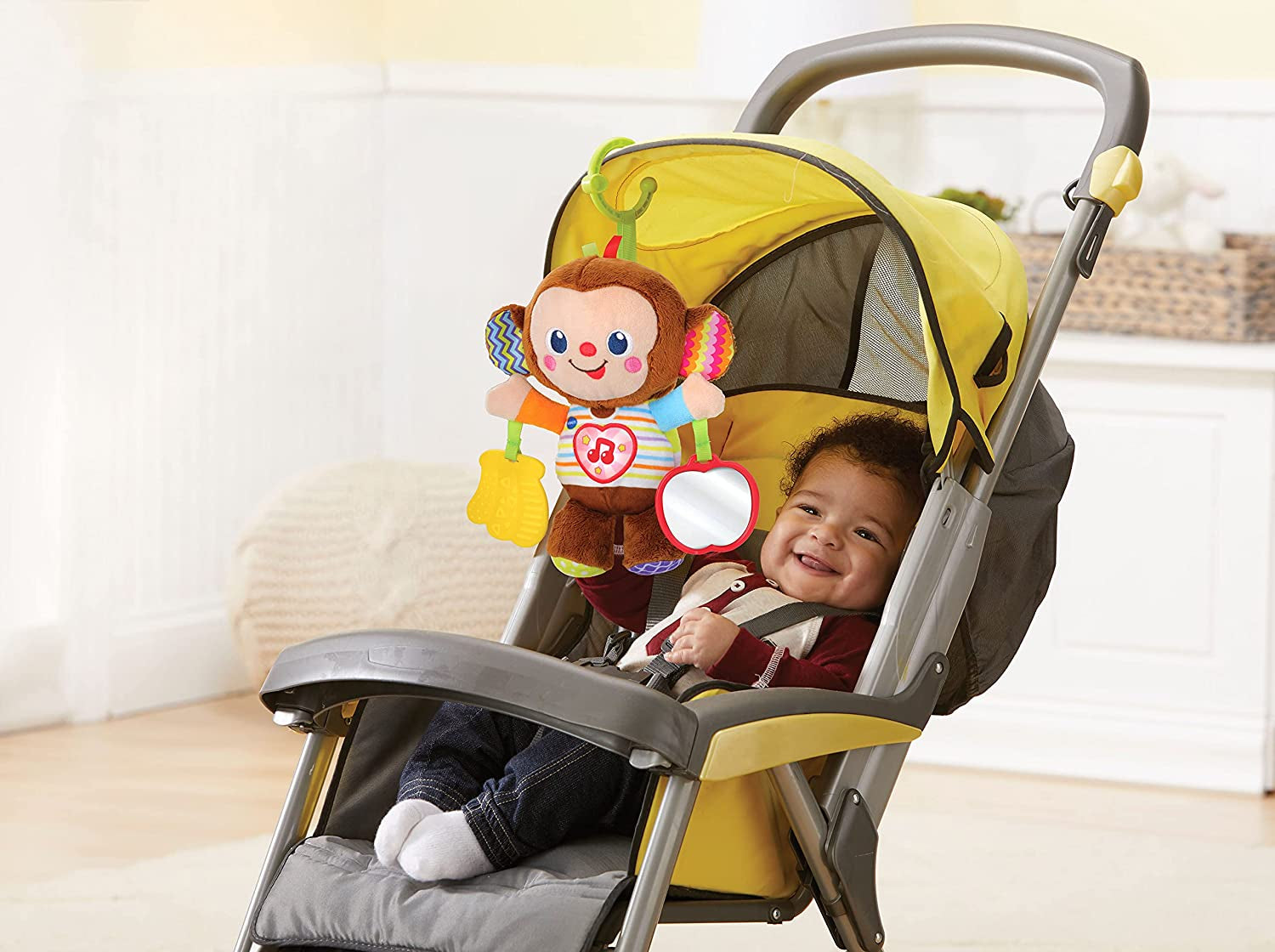 VTech Swing & Sing Monkey, Cute Pram Toy with Lights, Music and Colours, Cuddly Toy with Self-Discovery Mirror and Teether, Soft Cuddly Toy with Tactile Stimulation, Baby Girls and Boys 3 Months +