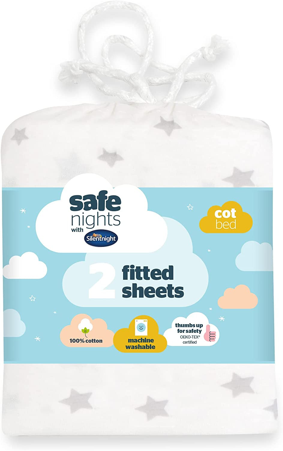 Silentnight Safe Nights Cot Bed Size Fitted Sheets Set 100% Jersey Cotton Bedside Compatible Pack of Two Grey Star easy Care Super Soft Cuddly for Baby with Storage Bag (120cm x60cm x 12cm)