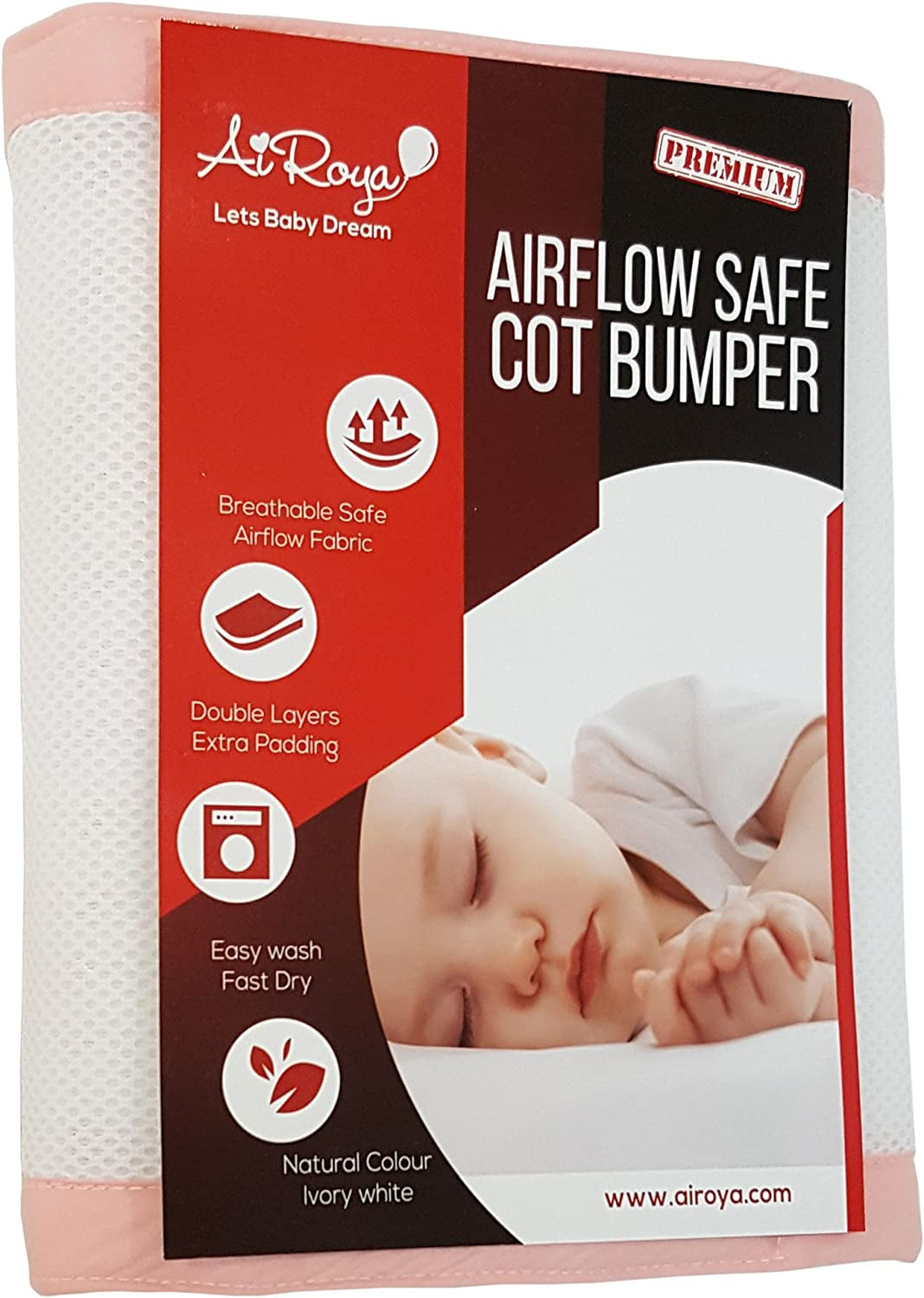 Airoya® Premium 2-sided Cot Bed Bumper, Double layers for extra-padding, Safety Standard Compliance - BS 1877, Breathable Safe Cot liner (Pink)
